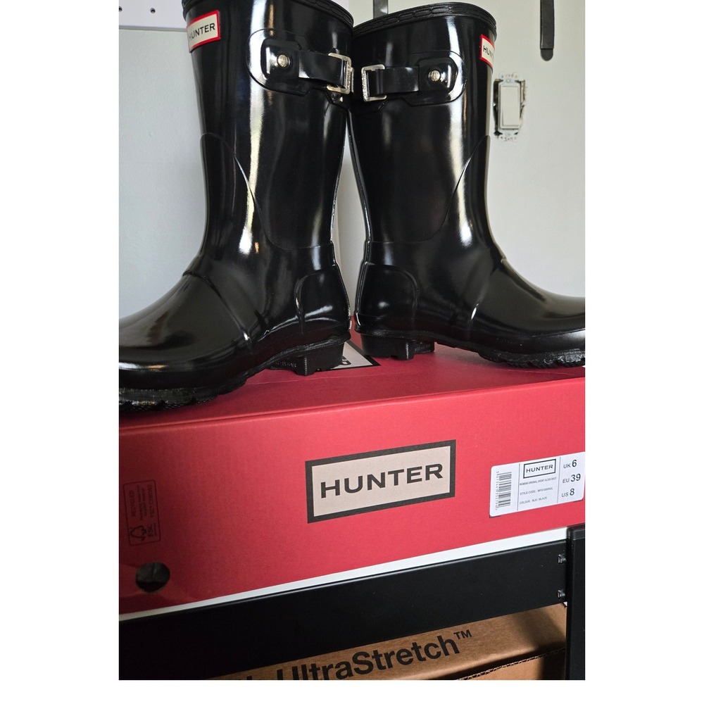 Hunter Original Short Gloss Rain Boots Black WFS1000RGL Womens Size 8